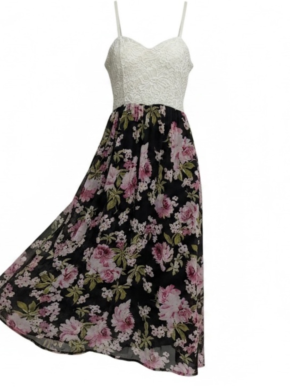 NWT Lily Rose White Lace Bodice with Black & Pink Floral Maxi Dress